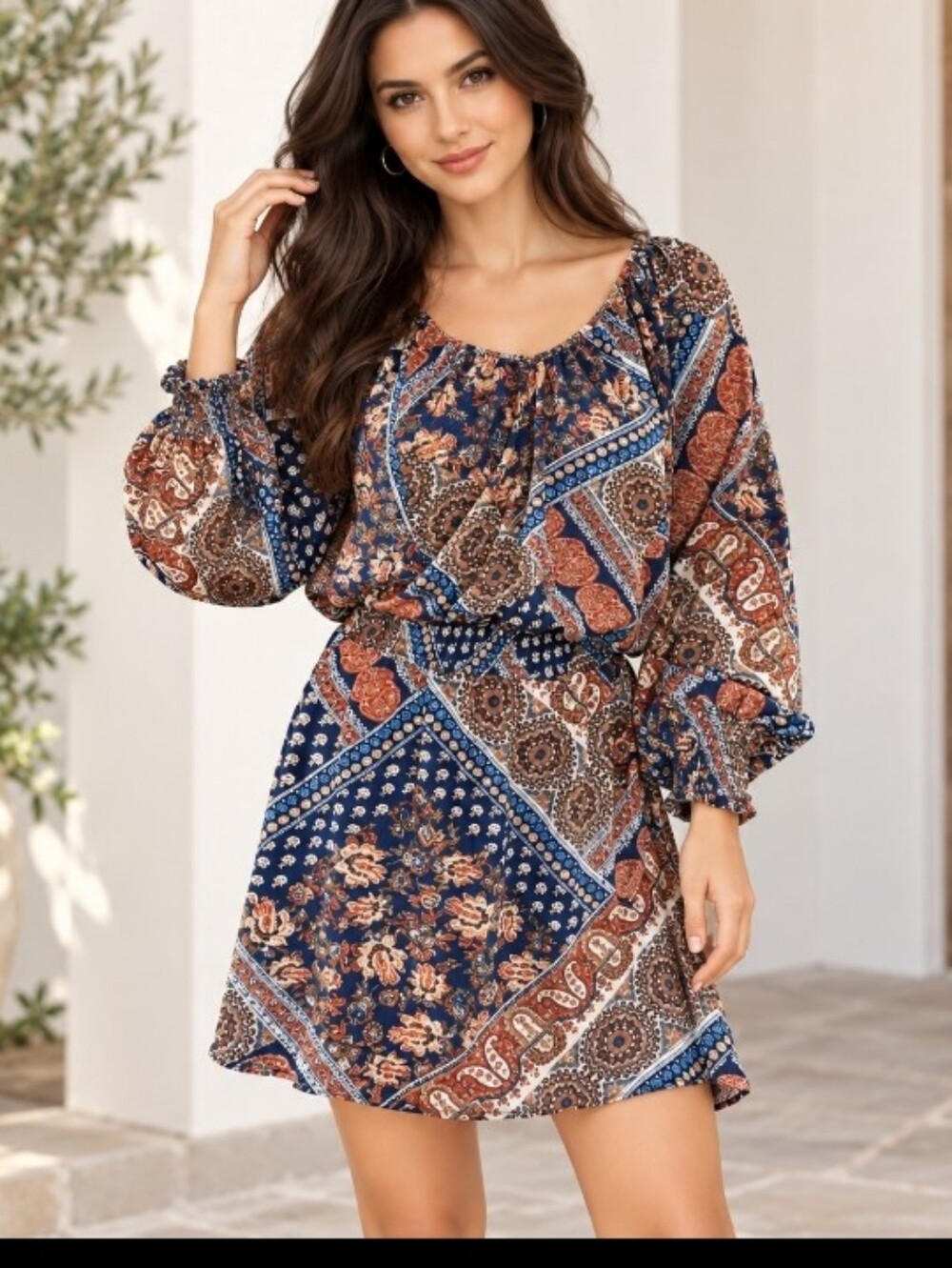 City Studio Size L Boho Paisley Patchwork Blouson Sleeve Mini Dress